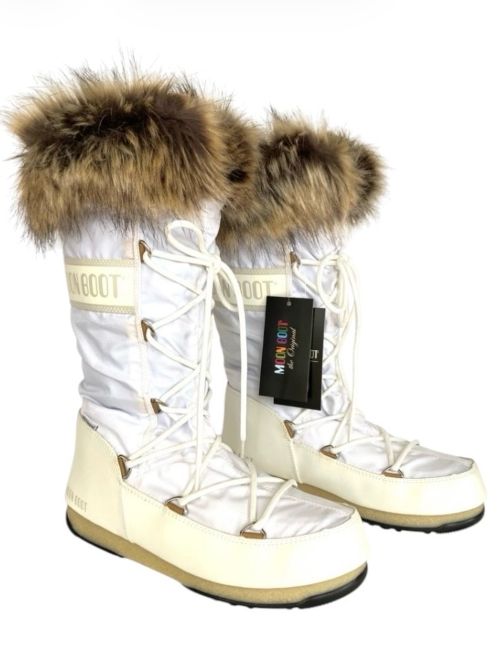 MOON BOOT Icon Faux Fur Trim Snow Boots Tall White Womenโs Size 9.5 24008700/002